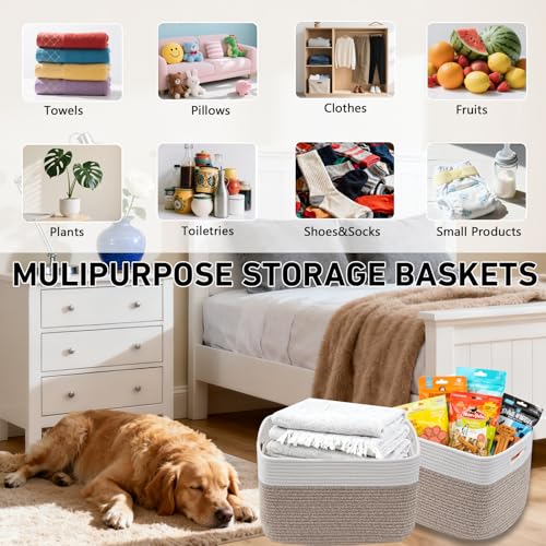 3 Pack White and Brown Woven Storage Baskets with Handles - Home Organization