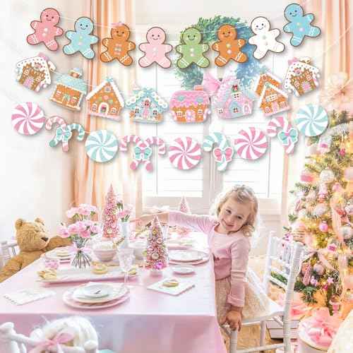 K KUMEED 3 PCS Gingerbread Man Theme Banners, Christmas House Decorations, Pink Party Supplies for Winter Birthday Baby Shower Decor