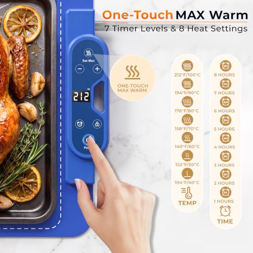 Blue Warming Mat for Food 37x15 Inch, 7 Heat Levels, 8-Hour Timer - FJAU