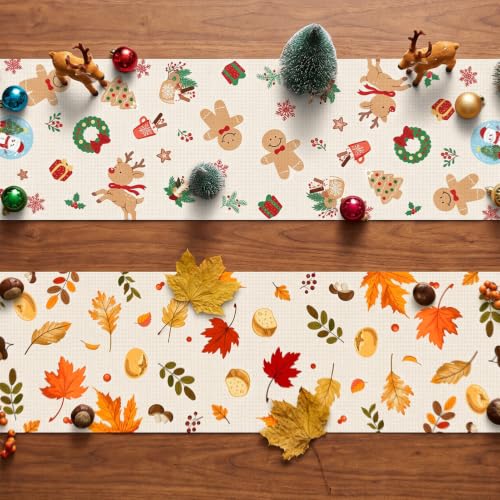 Ovveroche 2 Pack Fall & Christmas Table Runners 13x72 Inch for Holiday Decor