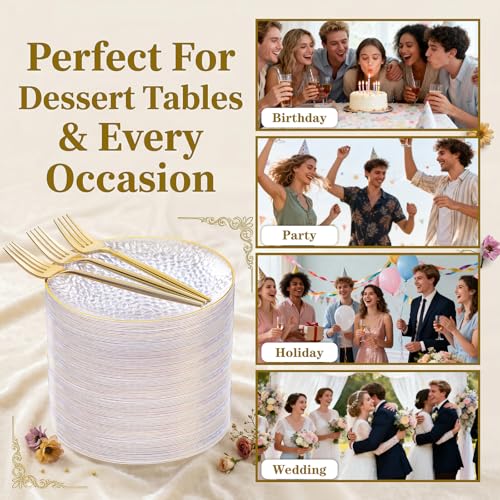 Clear Gold Plastic Dessert Plates 7" with Forks - Hammered Party Set 200 pcs