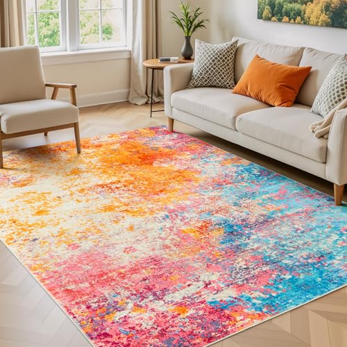 Rainbow Washable Area Rug 5x7 - Soft Non-Slip Living Room Carpet - Colorful