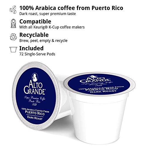 Alto Grande Puerto Rico Arabica Coffee Pods 72 Count Medium-Dark Roast - Compatible with Keurig