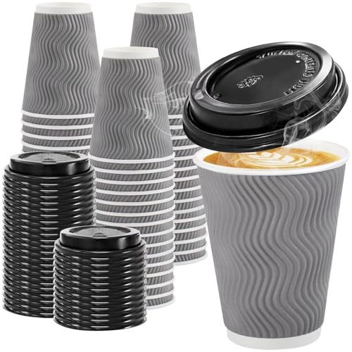Gray 12 oz Disposable Coffee Cups with Lids - Clawsoff 100 Pack