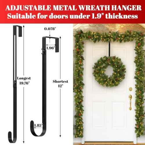 Metal Wreath Hanger for Front Door, Adjustable Wreath Hanger from 12-20", Single Hook, Heavy Duty, Holds up to 20 lbs, Over-The-Door Hook for Hanging Easter, Halloween, Fall, Christmas Decorations