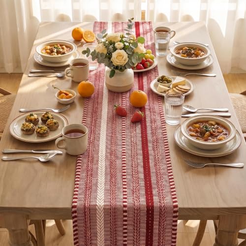 Artoid Mode Xmas Red Farmhouse Stripe Braided Table Runner 12x120 Inch