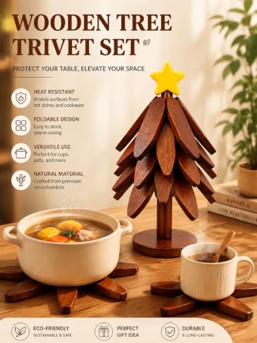 KOWINDA Brown-Star Christmas Tree Trivet Set with Stand – 5 Foldable Wooden Heat-Resistant Tree Coasters