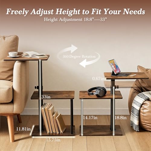 Faesun Adjustable 360° Swivel C-Shaped Side Table with Storage - Rustic Brown, Standard / Rich Edition