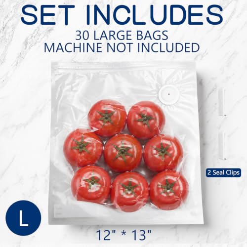 Large Vacuum Sealer Bags 12x13 in - 30 Pack BPA-Free Reusable Food Storage with 2 Bonus Clips - Compatible with Chef Preserve