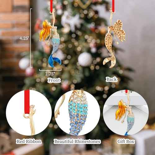 SICOHOME Mermaid Ornaments for Christmas Tree - Coastal Sea Ocean Hawaii Beach Themed Christmas Hanging Ornament with Rhinestones for Christmas Tree Gifts for Ocean Lover - Blue