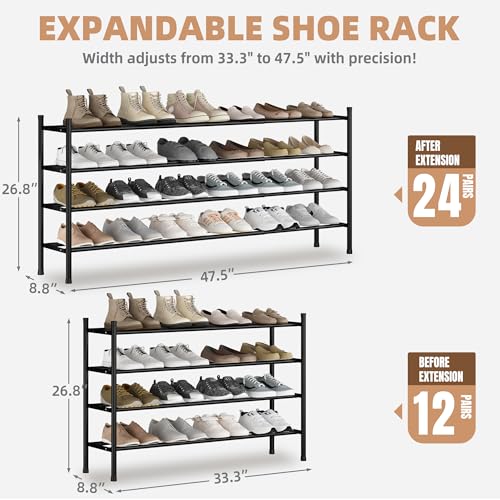 Expandable Shoe Rack - Holds 24 Pairs, 4 Tiers, Black, Adjustable & Stackable