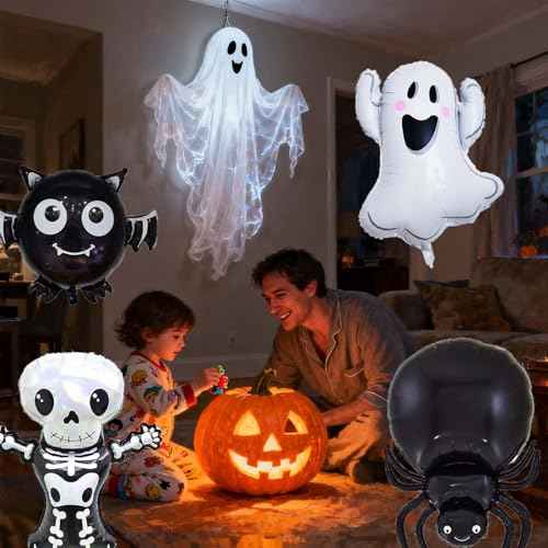 Skeletons Balloon Halloween Foil Balloons Bat Spider Ghost Balloon for Halloween Themed Party Decoration Supplies Ghost Birthday Decoration Decor Ballons Arch Kits Party Balloons Set 4pcs