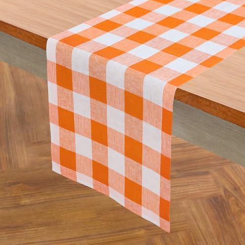 Solino Home Pumpkin & White Linen Table Runner 14 x 156 in – Handcrafted, Formal Dining Decor