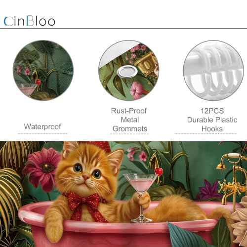 Cinbloo Christmas Cat Shower Curtain Set 72x72 inches Red & Green, Holiday Bathroom Decor