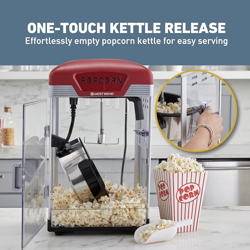 West Bend Theater Popcorn Machine 4 Qt. Red Nonstick Kettle for Movie Night