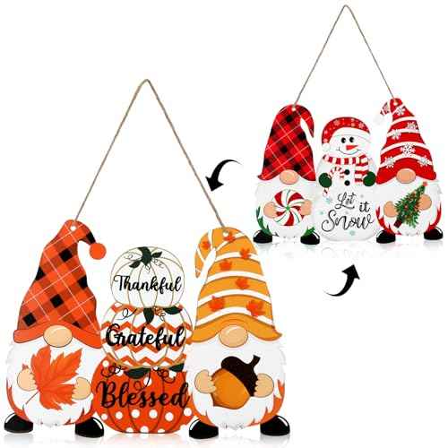 Reversible Fall Thanksgiving Decor/Christmas Decorations for Home Thankful Grateful Blessed Gnome Door Sign Let It Snow Snowman Wooden Hanger for Wall Window Porch Decor Indoor Outdoor