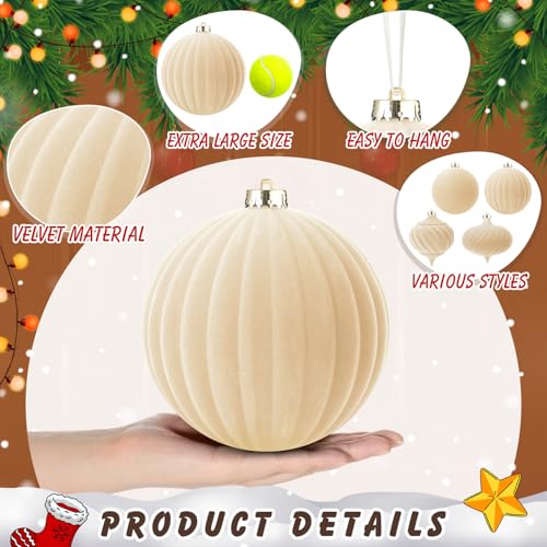 Civaner 4 Pcs 6 Inch Velvet Christmas Ball Ornaments Beige – Vintage Flocked Shatterproof