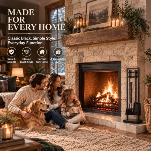 FEED GARDEN Black 5-Piece Fireplace Tool Set - 30" Solid Wrought Iron