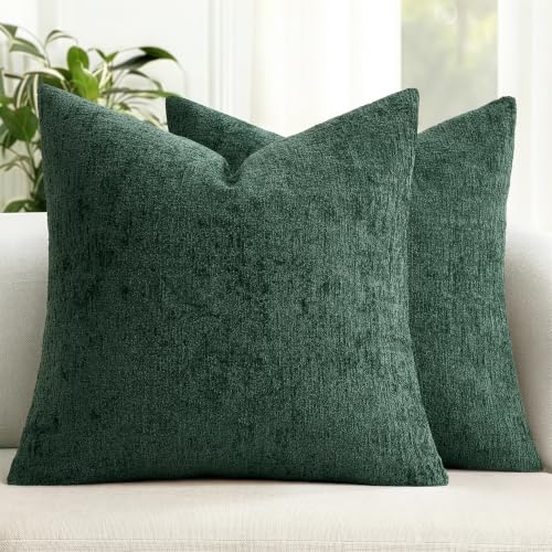 MIULEE 18x18 Dark Green Textured Chenille Couch Pillow Covers Pack of 2