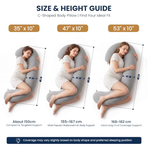 TranquilRelax Grey C-Shaped Body Pillow 53" x 10" for Side Sleepers - Adjustable Memory Foam Support