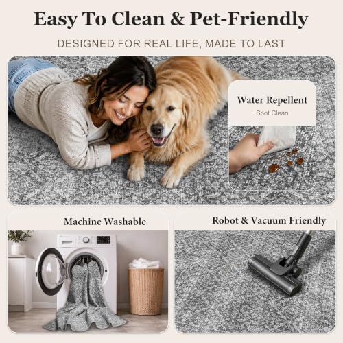 6x9 Washable Area Rug - Vintage Floral, Nonslip Grey Carpet for Living Room & Bedroom - Variation: Grey / 6' x 9'