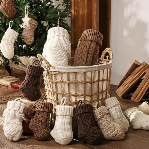 Farmhouse Knitted Christmas Stockings 7 Inch White Beige Brown 12 Pack