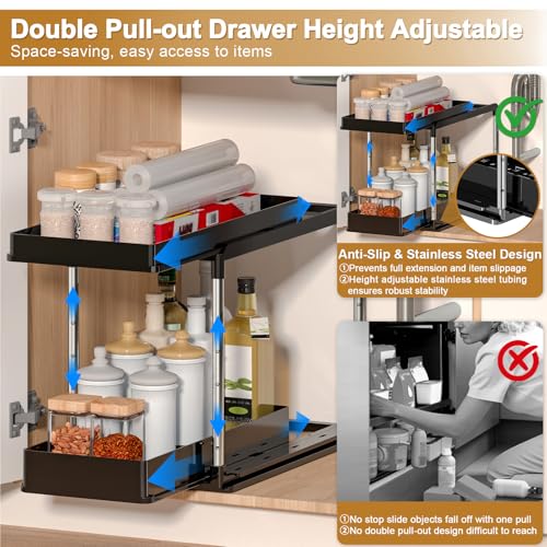 NIUXX Expandable Under Sink Organizer 27.9"L x 15.51"W Height Adjustable 2 Tier