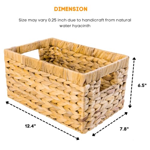 Natural Water Hyacinth Wicker Basket Set of 3 - Medium Rectangular Storage Baskets with Handles, for Shelves & Organization