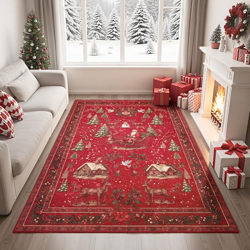 Joiedomi 5'x7' Christmas Rug Red - Non-Slip, Washable Faux Wool Living Room Area Rug