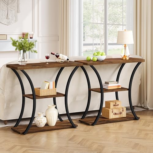 Hoctieon Rustic Brown Black 3-Tier Console Table with Open Shelves, Entryway & Sofa Table
