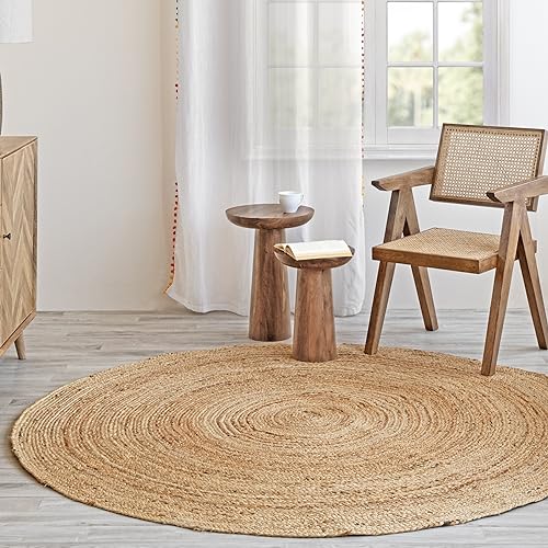HOMEMONDE 5' Round Natural Handwoven Jute Area Rug - Reversible Boho Farmhouse Carpet