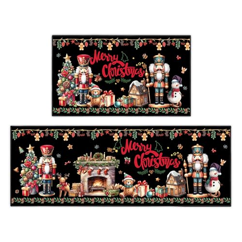 UIHGUHO 2-Piece Christmas Nutcracker Kitchen Rug Set Black 1.5x3.9 ft