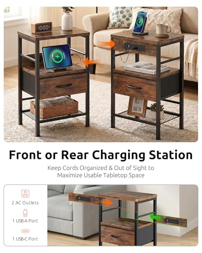 Rustic Brown Nightstands Set of 2 with Charging Station, Bedroom Night Stands