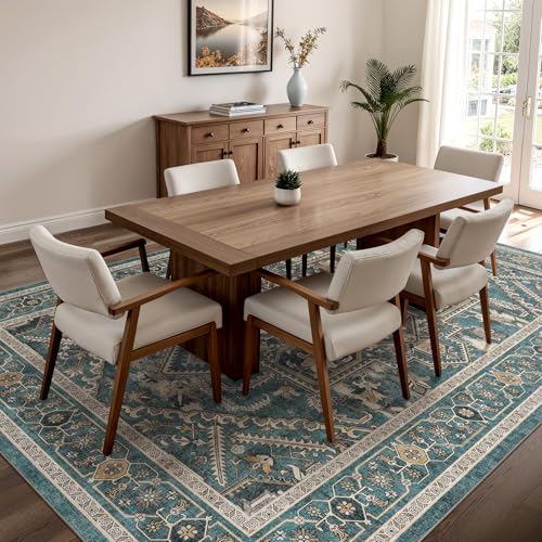 Washable Living Room Area Rug 8x10 Vintage Teal Brown Non-Slip Floor Mat