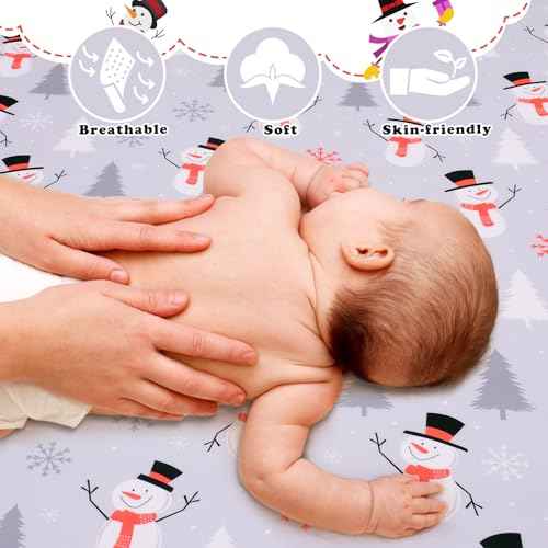 Christmas Crib Sheet, Fitted Crib Sheet with Christmas Snowman, Snowflake, Pine Tree, Measuring 52'' x 28'' to fit Standard Crib & Toddler Mattresses, Gray