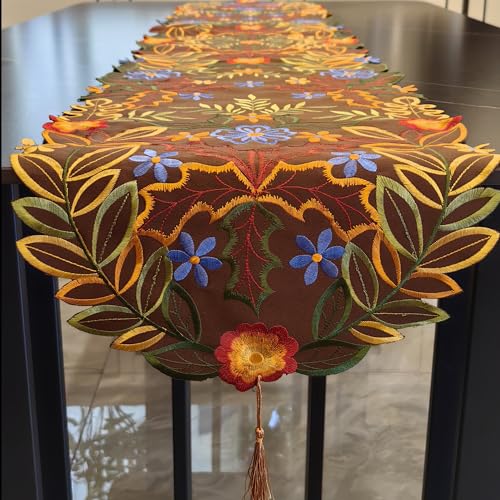 Autumn Flowers & Maples Table Runner 69in - LeLehome Embroidered Decor, 14" x 69"