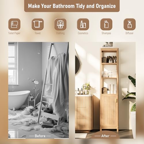 INNOD Model-A 68-Inch Narrow Bathroom & Kitchen Tall Storage Cabinet with Adjustable Shelves, Natural Oak Finish