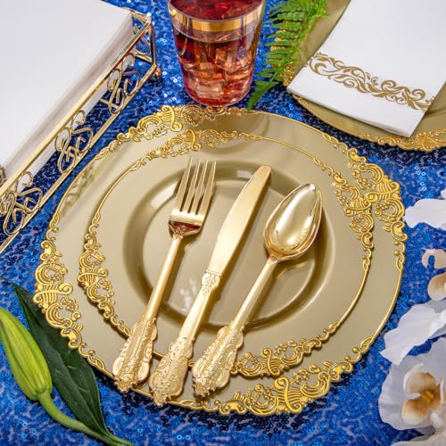 Morejoy Gold 175PCS Disposable Dinnerware Set with Gold Rim – Elegant Party Plates