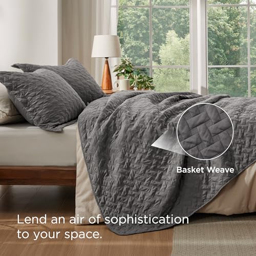 Bedsure Queen Size Grey Quilt Set with Basket Weave Pattern - All Seasons Lightweight Comforter and Pillow Shams