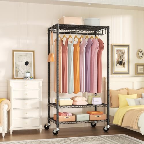 FUTASSI Black Rolling Clothes Rack with Adjustable Shelves & Heavy Duty Support