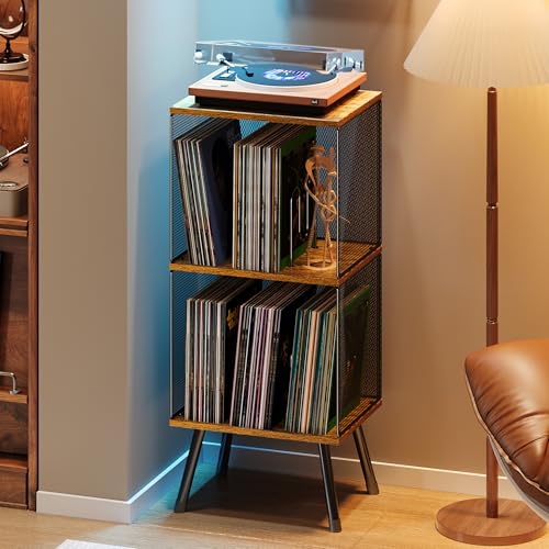 Brown 3-Tier Vinyl Record Stand with Storage and Adjustable Divider - 11.8"D x 15.7"W x 35.8"H