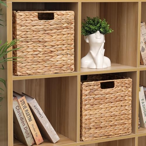 DINGTAI Water Hyacinth Storage Baskets - 12x12x12in Foldable Cubes for Shelves, Set of 3, Wicker Organizers for IKEA Kallax