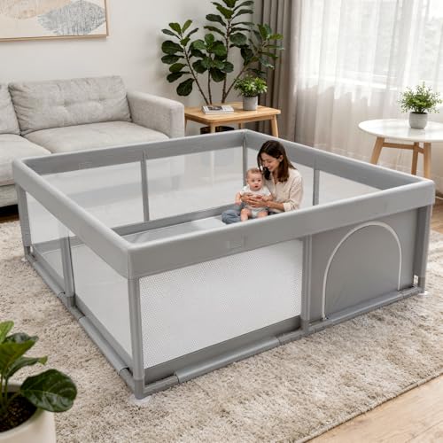 JINXIA 50x50 Inch Baby Playpen - Light Grey, Soft Skin-Safe Fabric, Baby & Toddler Safety Enclosure