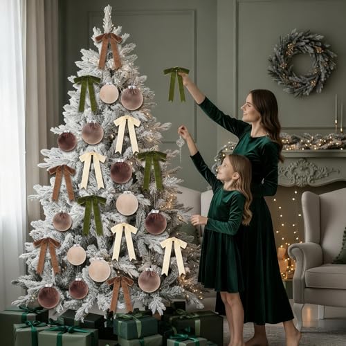 Riceshoot 44 Pcs Velvet Christmas Ornaments Set with 20 Balls & 24 Bows - Multicolor (Green, Brown, Neutral)