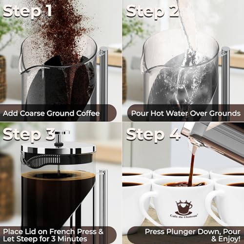 Silver 34oz French Press Coffee Maker with 4-Level Filter - Cafe Du Chateau