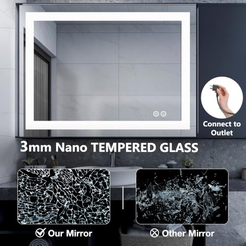 36x36 Inch LED Bathroom Mirror - Anti-Fog Rectangular Vanity Mirror with Touch Dimming, Color Temp & Memory - White