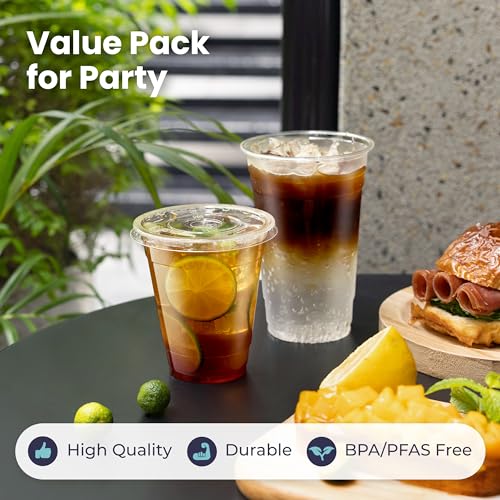 Fit Meal Prep 32 oz Disposable Clear Plastic Cups with Flat Lids 100 Pack