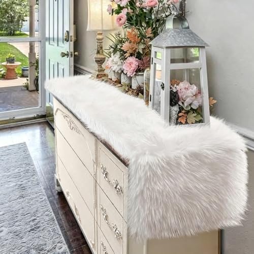 White Fur Short Table Runner 48 Inch Fluffy Dresser Cover - Tiosggd