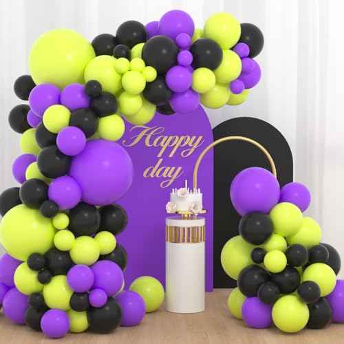 Lime Green Purple Black Balloon Garland Arch, 122PCS Lime Green Purple Balloons Black Purple Balloons for Hero Racing Car Truck Birthday Video Game Halloween Props Decorations