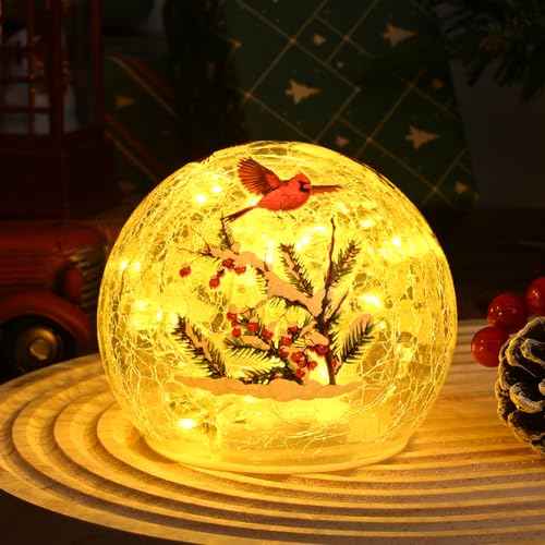 Yinhua Lighted Christmas Decorations Indoor, 4" Cardinal Bird Crackle Glass Balls, Light Up Christmas Globe Light with Timer, Xmas Centerpieces for Tables Mantel Fireplace Living Room Gift
